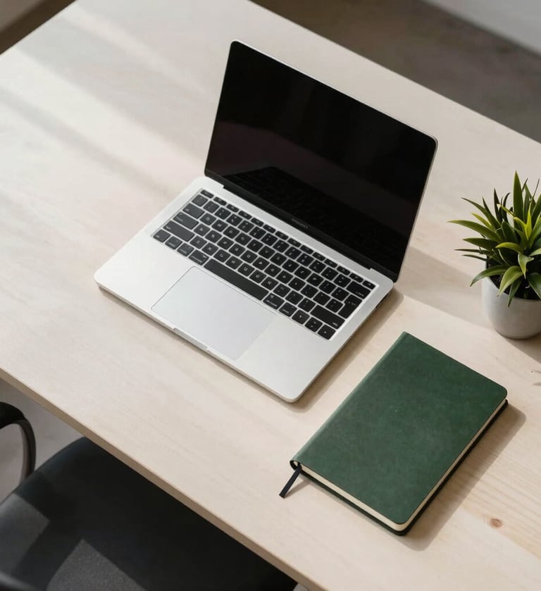 A top-down, minimalist photography of a professional designer's workspace in a South American studio. On an off-white wooden desk sit a sleek laptop, a dark green notebook, and a small olive green plant. Natural sunlight creates soft, clean shadows. Professional, high-end, clean composition.