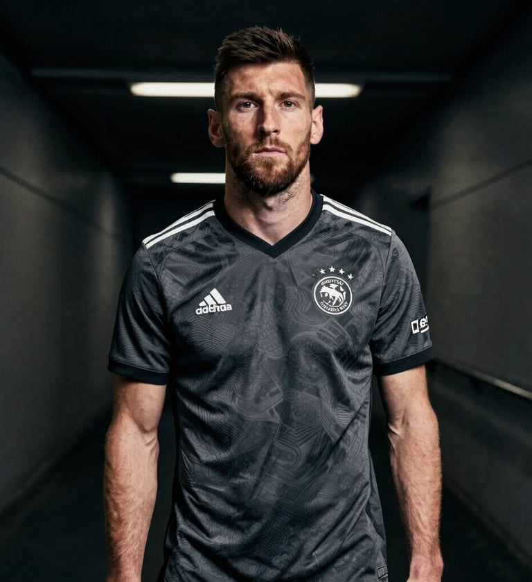 A high-end editorial photography shot of a professional football player standing in a dark, moody stadium tunnel in Amsterdam. The lighting is dramatic, highlighting the texture of the charcoal jersey. Minimalist composition with a focus on quiet intensity.