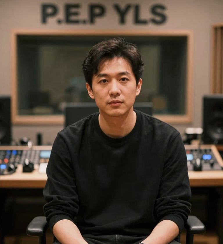 A striking, medium shot of P.E.P YLS in a high-end recording studio. He is focused, wearing a simple yet premium #0A0A0A black shirt. The lighting is soft and warm, highlighting the professional environment and his artistic dedication. Colors are muted with hints of #8D765D.