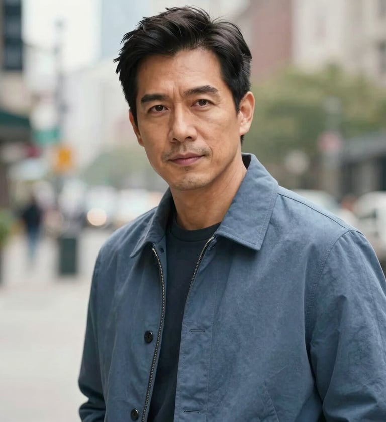 A sophisticated lifestyle portrait of a North American actor in a soft-focus urban setting. Natural daylight, elegant and contemporary style. The actor wears a muted slate blue jacket, looking confidently toward the camera with a polished, approachable expression.