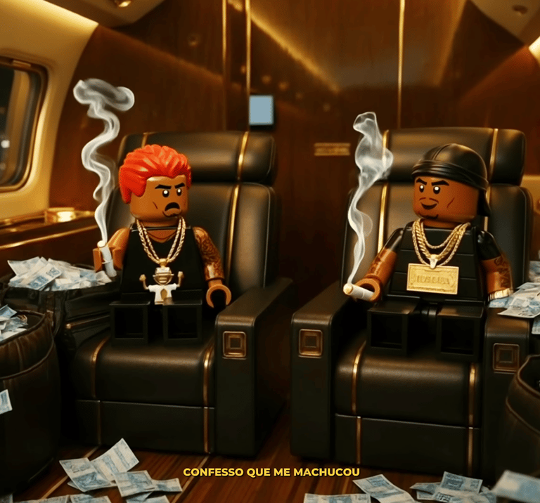 Orochi e Oruam em clipe estilo LEGO com estética de rap nacional