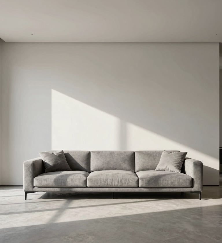 High-end interior photography of a minimalist Central European / German living room, showcasing sharp architectural lines, soft off-white walls, and medium grey furniture with elegant shadows from natural light.