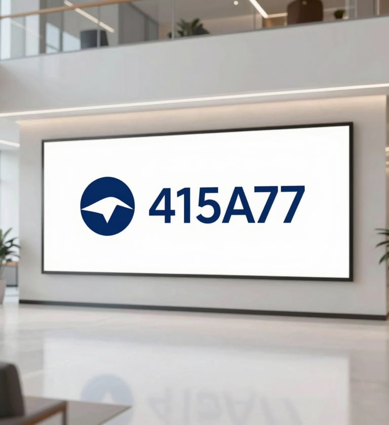 Wide shot of a modern office lobby with the new brand logo displayed on a large screen. The color scheme is professional, featuring #415A77 and #E0E1DD. Bright, clean, and trustworthy.