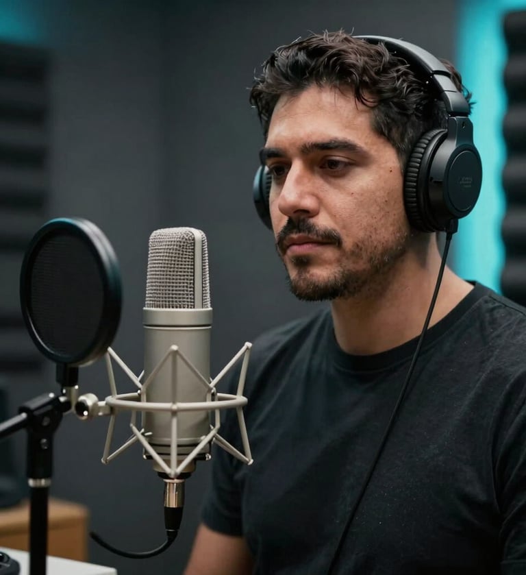A South American / Colombian artist recording in a booth. Cinematic depth of field, focused on the professional microphone. Dark slate grey background with neon cyan accents.