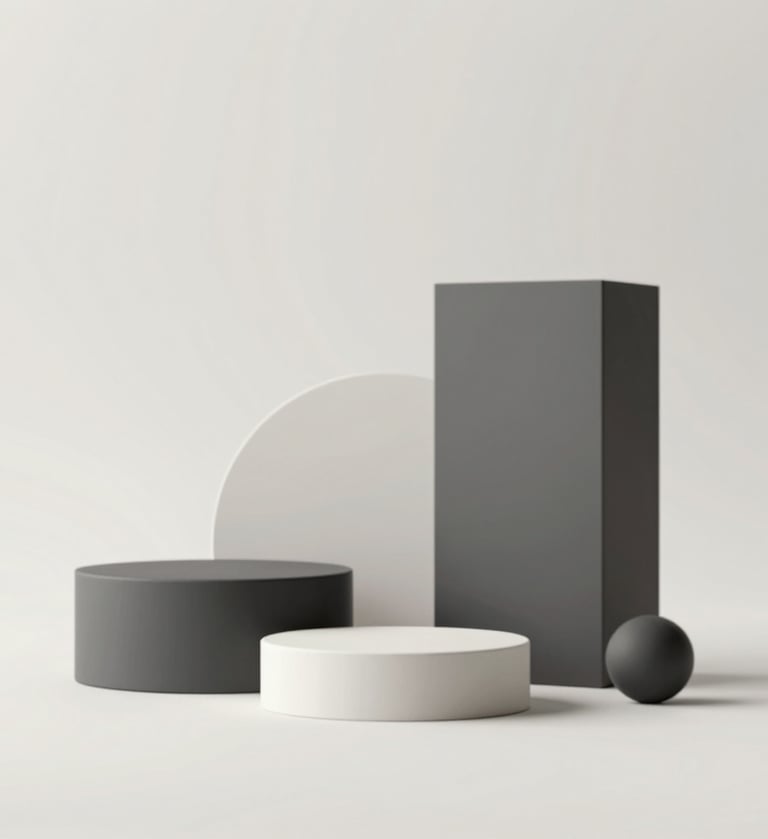 Sophisticated studio visual. A clean, geometric arrangement of luxury items. Bright, even lighting, subtle contrast. Palette using #F8F5F2 and #1A1A1A accents.