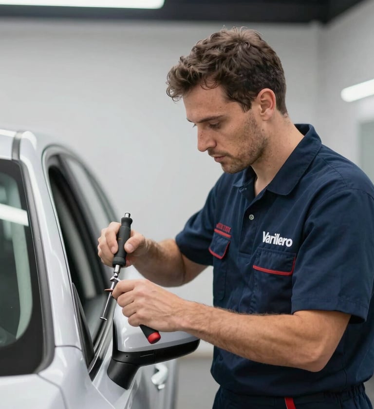A professional Varillero artisan wearing a navy branded uniform working on a car door, focused expression, high-quality specialized tools, premium studio atmosphere.