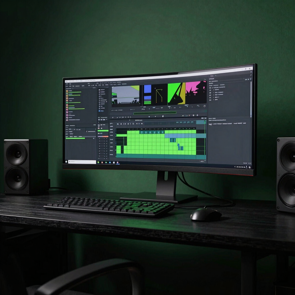Cinematic low-angle photography of a high-end video editing workstation in a minimalist Brazilian studio. The desk is black wood, featuring a curved monitor displaying complex video editing timelines with neon green accents. The lighting is dim and professional with dark green depth shadows.