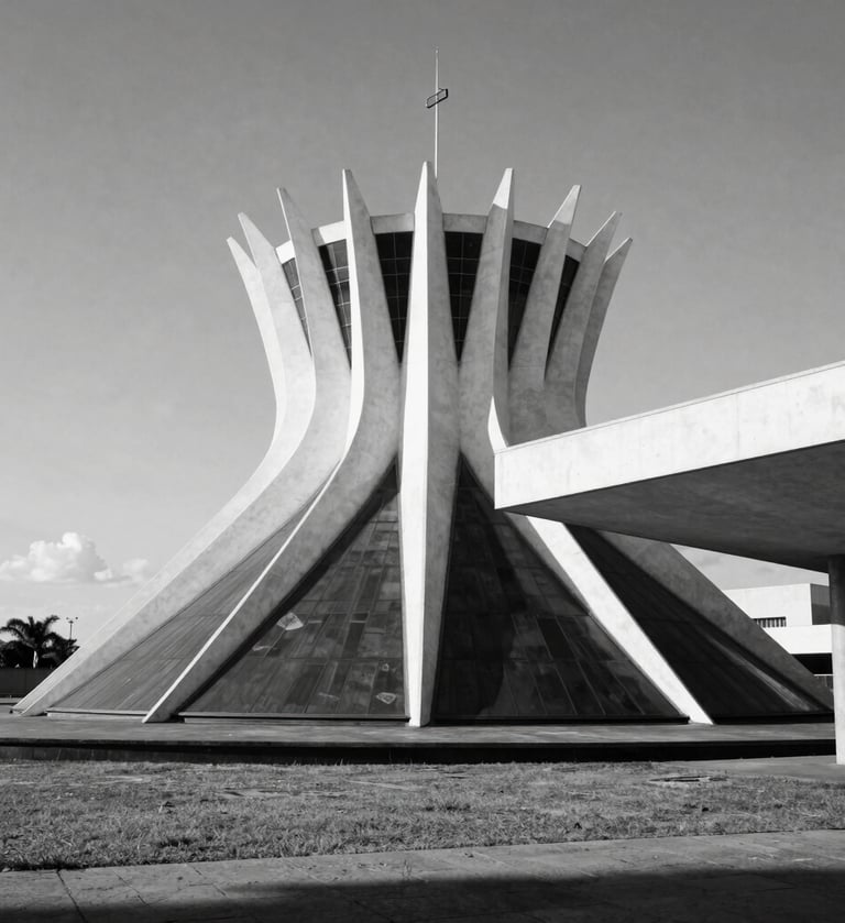 Minimalist black and white architectural shot of a modern building in Brasilia, featuring sharp shadows and clean concrete lines under a bright sun, editorial style.