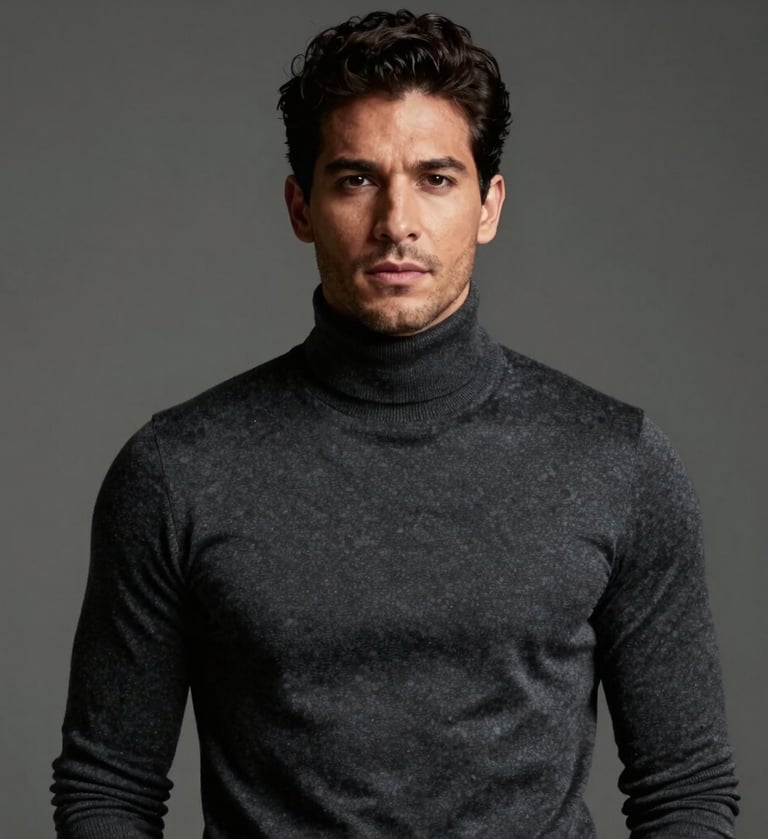 Medium shot of a handsome man looking confidently at the camera, South American / Brazilian appearance, wearing a dark gray turtleneck, elegant and clean composition.