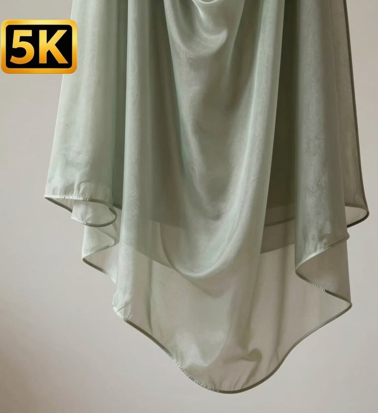 A sophisticated close-up photograph of multi-layered translucent silk fabric hanging in a minimalist studio. The fabric is a pale sage color, catching soft light to reveal its delicate texture and overlapping shadows against a soft off-white background.