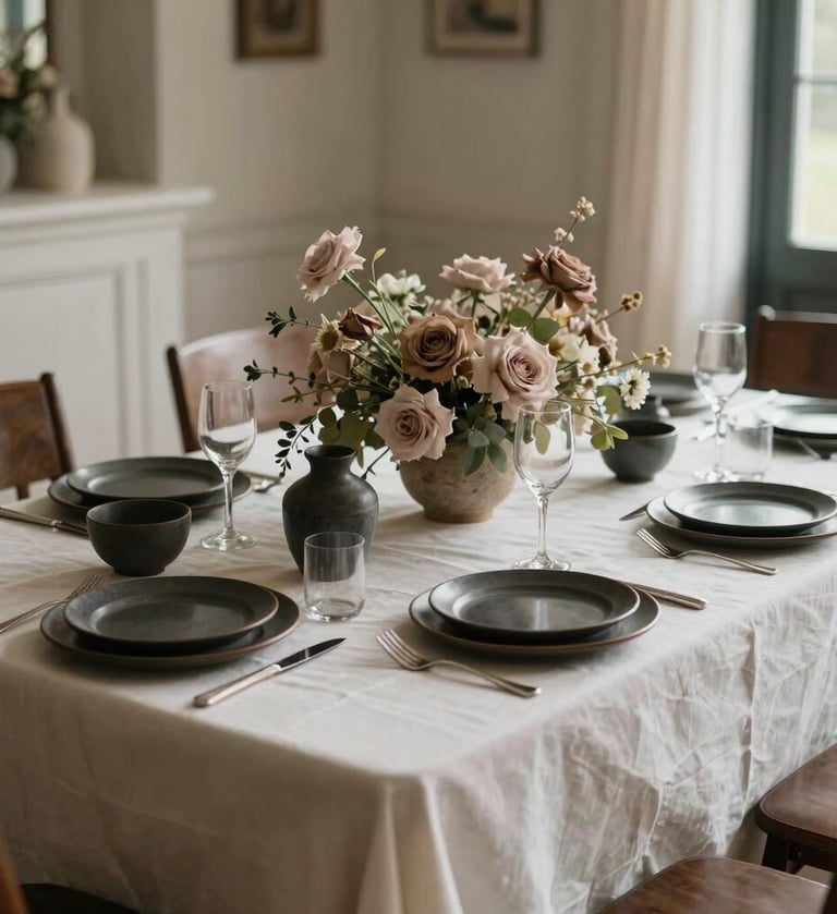 A professional photograph of a curated wedding dinner table in a North American / European estate. The table is dressed in an off-white cloth with dark charcoal ceramics and muted taupe floral centerpieces. Natural light creates a clear and impactful aesthetic.