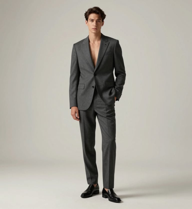 A striking full-length studio portrait of a subject in a minimalist charcoal suit, standing against an off-white background. The lighting is sophisticated and directional, creating soft shadows. The style is modern, professional, and elegant, reflecting an International / Professional aesthetic.