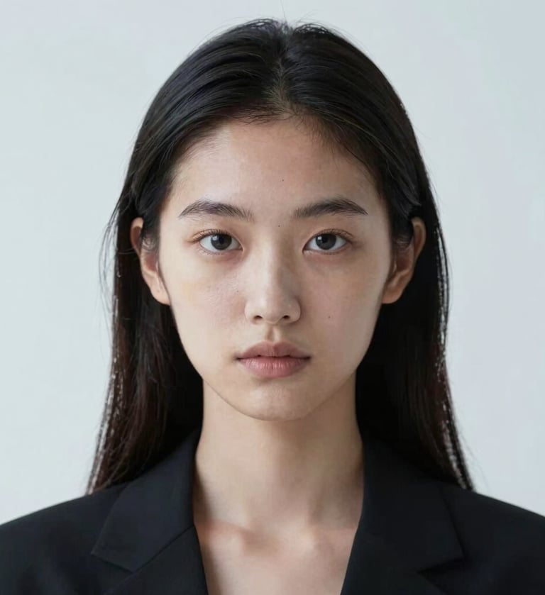 Retrato de gran formato de una cara nueva descubierta por la agencia. Piel perfecta, mirada intensa y un estilo fashion editorial. Iluminaci3n de alto contraste con sombras profundas en #0B1E22 y luces suaves en #ECF3F4.