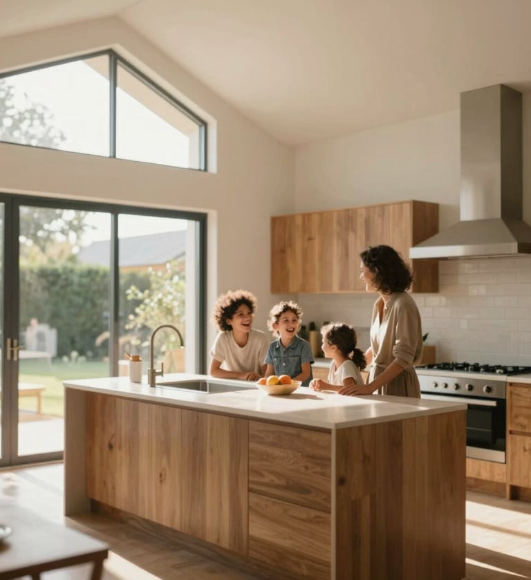 A cinematic, sun-drenched architectural photograph of a modern home interior. A young family is laughing together in a kitchen with warm light spilling through large windows. The palette features soft #F9F6EE walls and natural #8D6B5F wood textures.