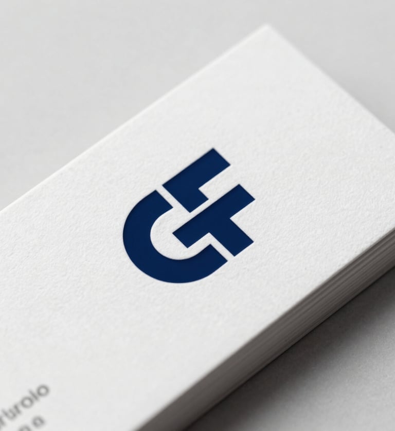 A close-up vertical shot of a minimalist business card featuring a debossed logo. The lighting is soft and professional, creating subtle shadows. The color palette includes #0F1E2E for the card and #F8F8F4 for the logo, exuding strategic design quality.