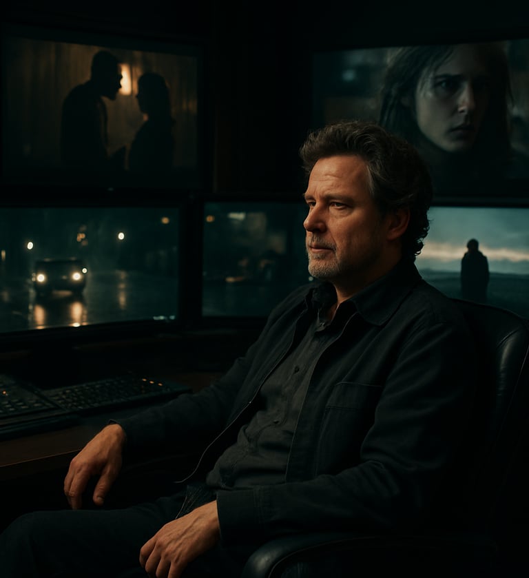 A professional director sitting in a black leather chair in a dimly lit edit suite, several high-resolution monitors glowing with cinematic scenes, North American studio setting.