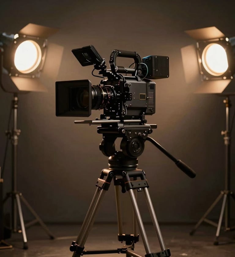 A cinematic shot of a professional film set in a high-end dark studio. A large cinema camera is mounted on a carbon fiber tripod, silhouetted against soft golden spotlights. Global / Western.