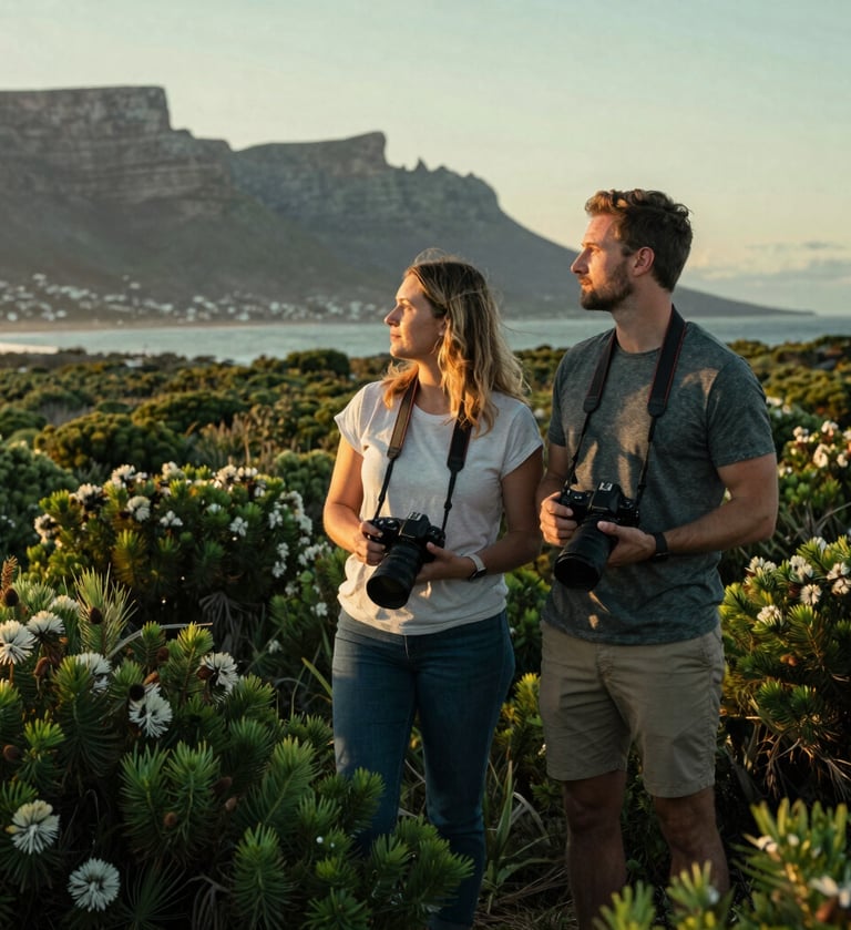 A professional South African couple standing in a lush Cape Town fynbos field, each holding a professional camera, looking out towards the ocean, warm sunset lighting, Deep Forest Green and Muted Seafoam tones.