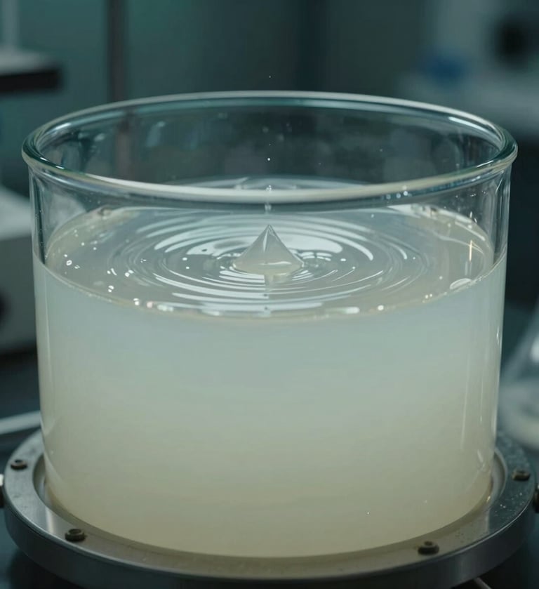 Cinematic photography of a dark laboratory setting. A large glass cylinder is filled with milky glass white liquid, where sound waves create intricate geometric ripples. The lighting is cold and clinical, with deep teal shadows and muted sage grey highlights on the scientific instruments.
