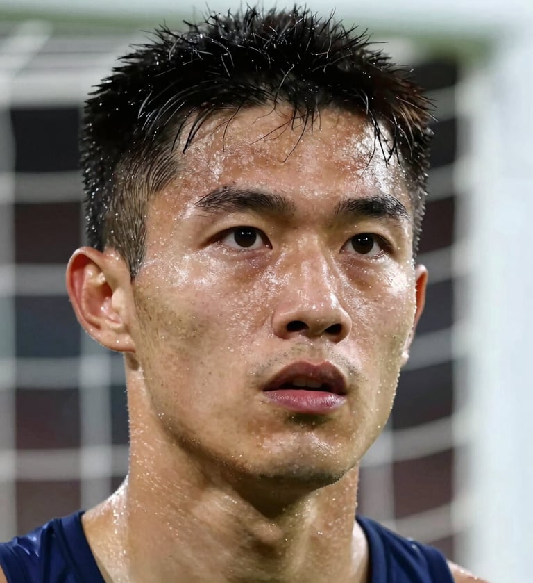 A close-up, high-action shot of an athlete's face covered in sweat, eyes focused intensely on the goal. Professional sports photography style with a shallow depth of field, using colors like #403B3B in the background and #F2F1ED for skin highlights.