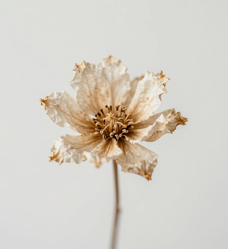 A high-key, minimalist photograph of a dried flower against a neutral background, soft lighting highlighting subtle beauty and texture in #F5F2EF tones.