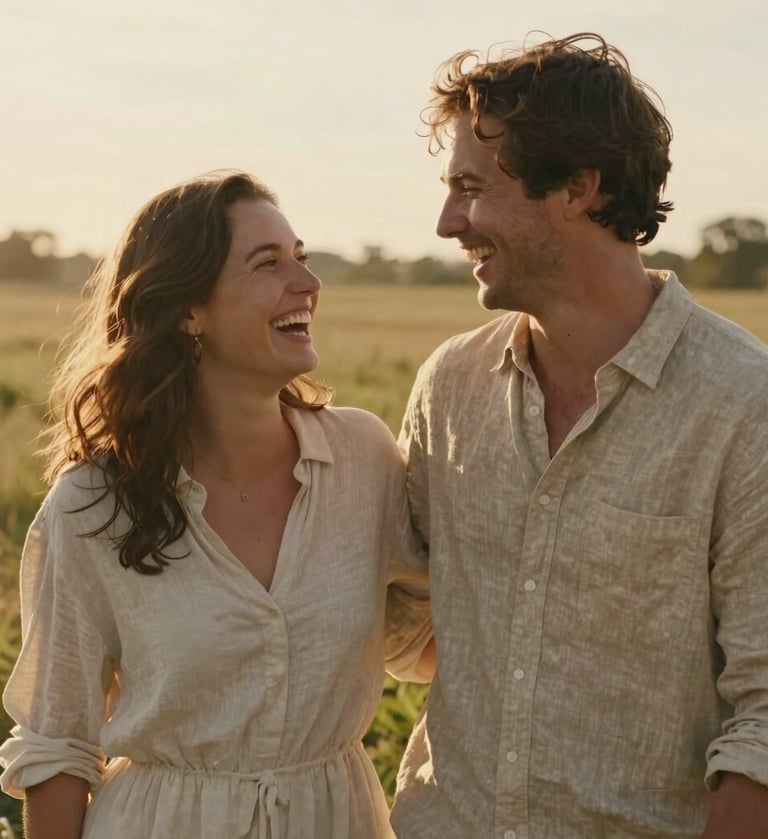 A cinematic portrait of a North American / US couple laughing together in a sun-drenched field at golden hour. They are wearing Soft Sand colored linen, and the lighting is warm and hazy, highlighting genuine emotion.