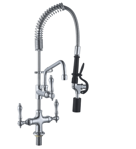 Commercial pre-rinse spray tap made from heavy duty stainless steel with a flexible spring hose and additional swivel spout.