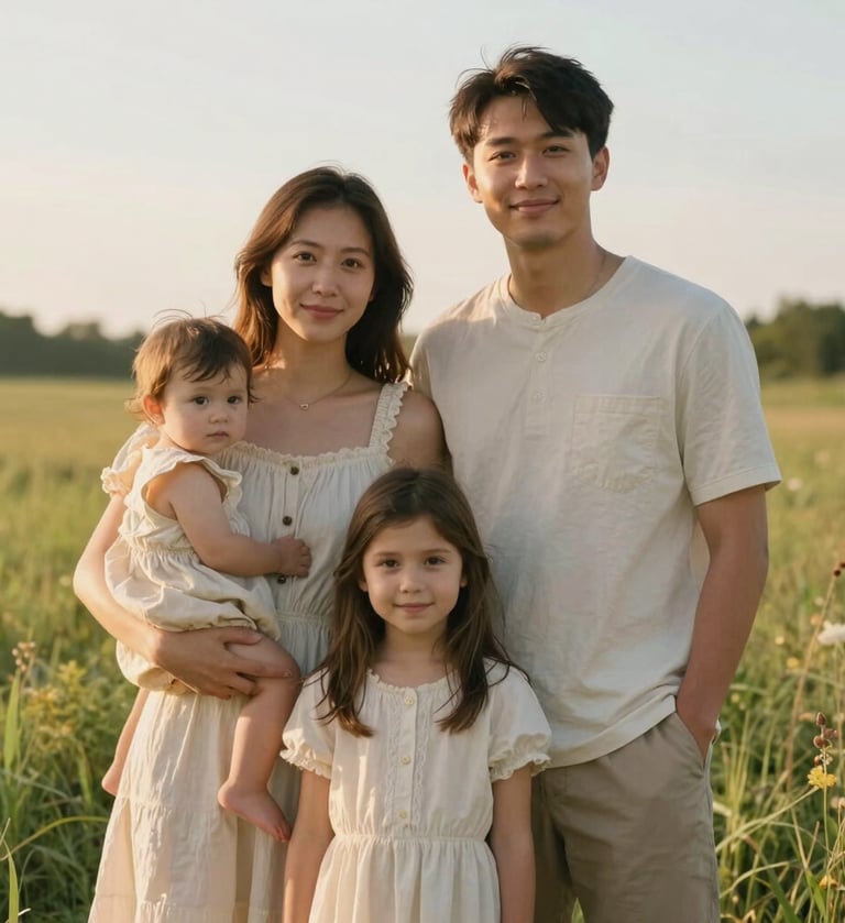 A serene outdoor portrait of a young family in a West Michigan meadow during golden hour. The lighting is light and airy, with soft cream and beige clothing. The composition is intimate and warm.