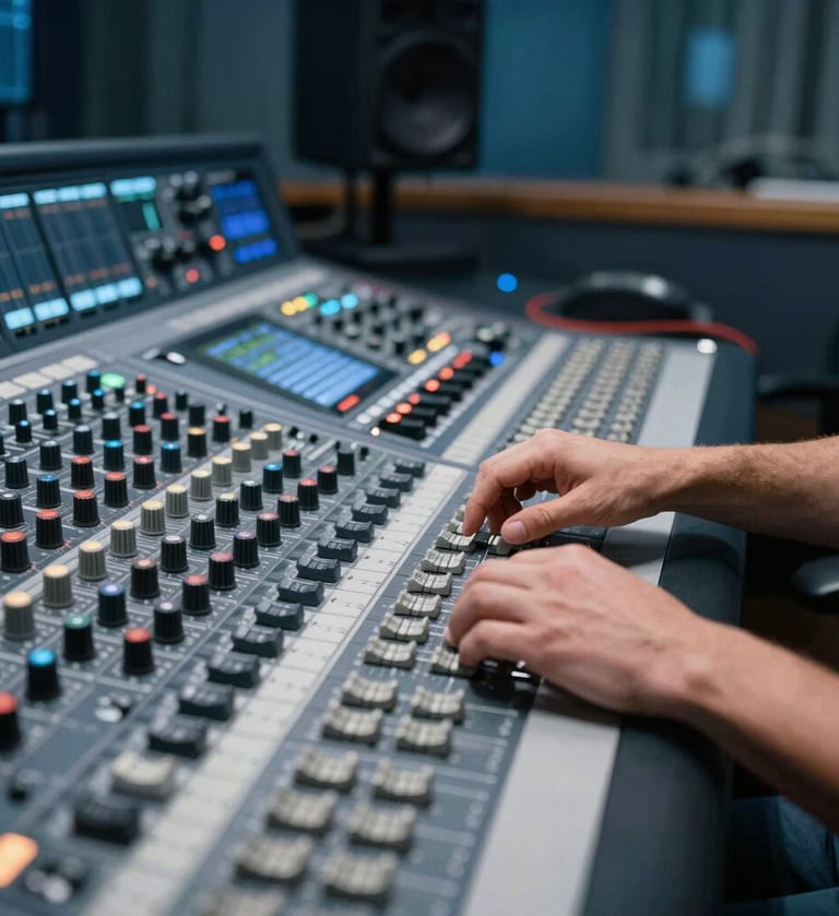 Professional sound engineer in a stylish, modern control room, adjustng settings on a large console. Focus on hands and equipment. High-quality freelance work atmosphere. Southern European / Spanish setting. Colors: muted blue and dark navy.