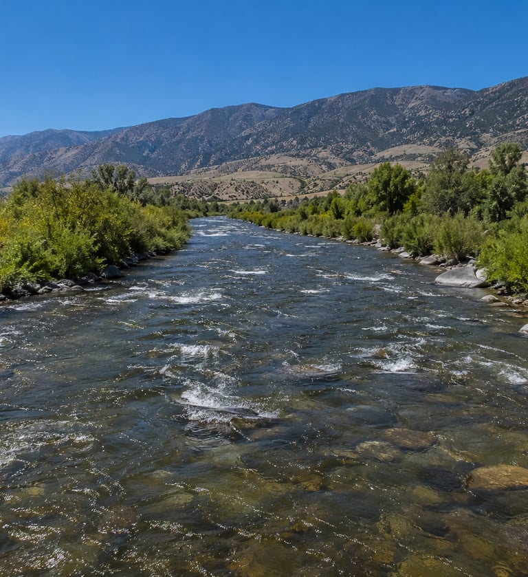 A wide river with clear water flowing through a green valley with mountains under a blue sky.