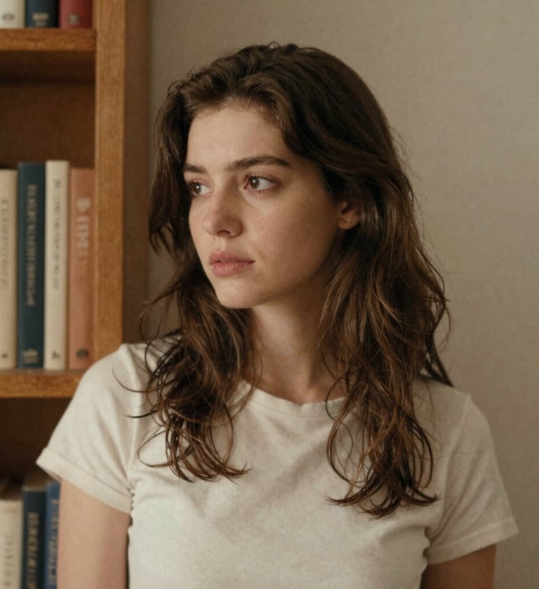 A candid, medium shot of a young woman with a thoughtful expression, leaning against a wooden bookshelf. The lighting is soft and natural. The image has a grainy texture and feel like a private moment captured on film. Colors are warm brown #8C735F and aged paper cream #F8F3EC.