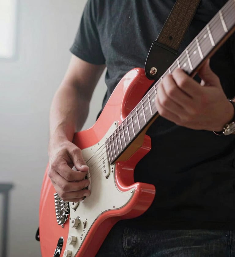 A close-up photograph of a musician's hands playing a Vibrant Coral electric guitar in a bright studio with Light Mist walls. The lighting is energetic and dynamic, highlighting the textures of the instrument in a International / English-speaking setting.