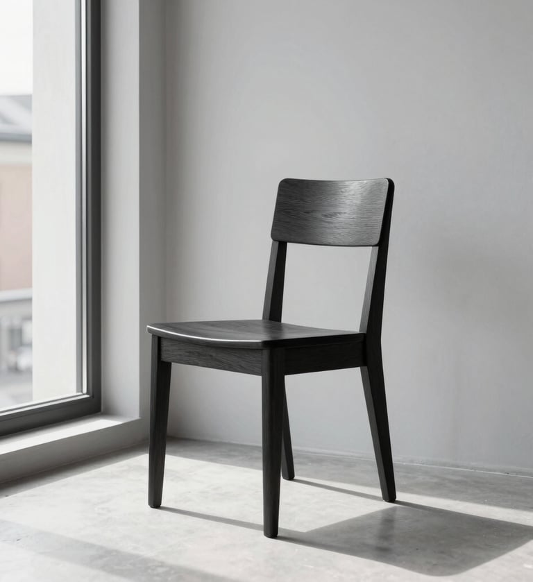 Vertical portrait of a minimalist dark wood chair against a light gray wall in a bright Stockholm studio. Natural, soft daylight from a large window. High contrast, sharp focus, professional architecture photography style.