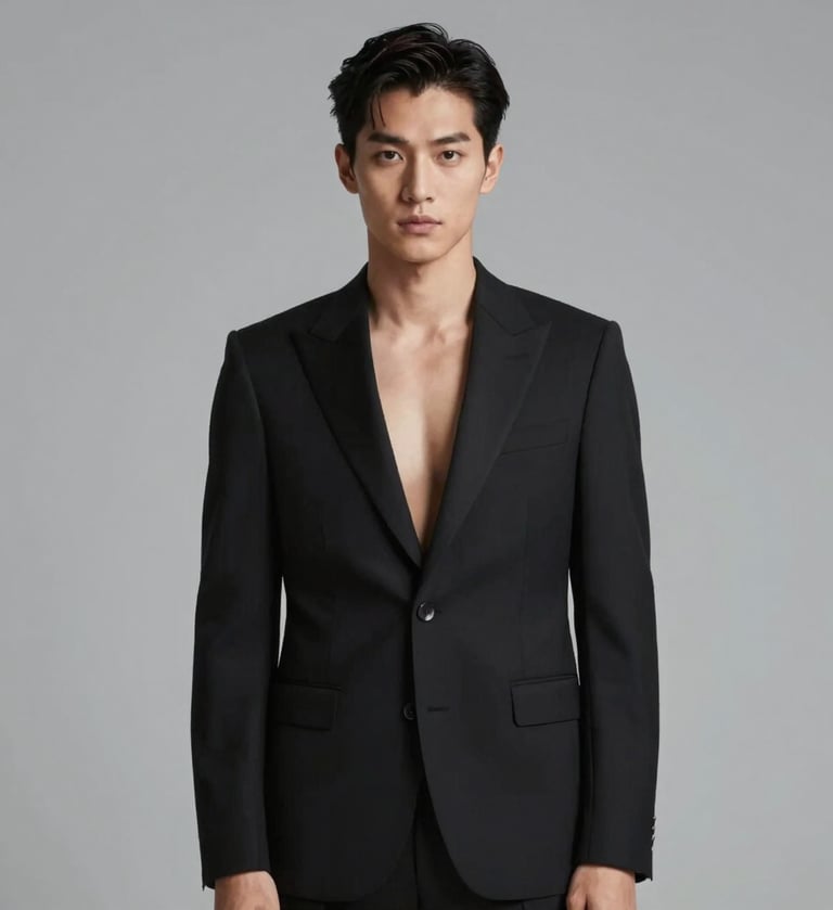 High-end fashion portrait of the designer in a sleek black suit, minimalist studio background, soft lighting, sophisticated and exclusive brand identity, #0F0F0F and #F8F8F8.