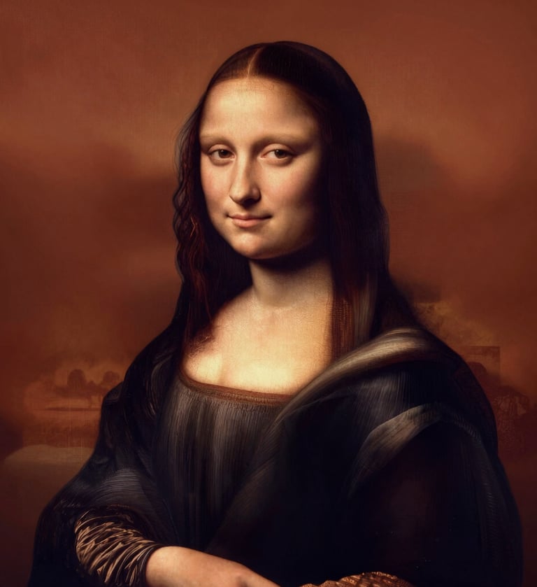 A sophisticated artistic portrait of a woman in the style of a Renaissance painting. Soft skin tones, dramatic side lighting creating deep shadows (chiaroscuro). She wears a modern charcoal #363131 fabric that drapes like a classic gown. Background is a deep terracotta #A3533F, professional and elegant.