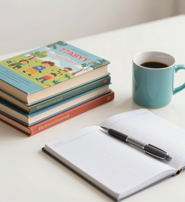 A bright, high-angle scholarly desk scene featuring a stack of beautifully bound children's books and a #7A9E9F teal ceramic mug. A #3D3B3C dark gray pen rests on an open notebook. The background is a crisp #F8F6F4 off-white, suggesting a clean and creative working environment for a librarian.