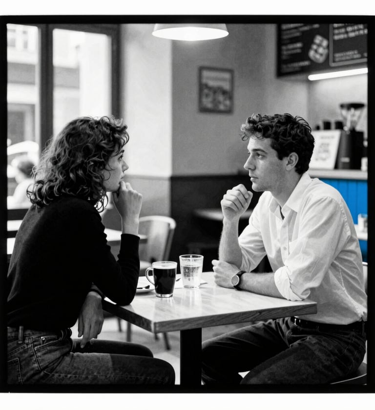 A wide cinematic shot rendered in a graphic comic book style. Two people talking in a cafe, high contrast black and white with blue #0050B3 accents. Flat color areas, film grain, and prominent black borders.