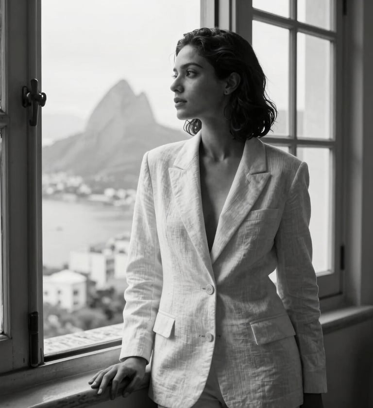 An elegant black and white editorial photograph of a Brazilian / South American woman in her late 30s, looking thoughtfully out a large colonial window in Rio de Janeiro. She wears a structured, minimalist cream off-white linen blazer from the archival collection. Soft morning light, natural shadows, generous negative space, high-end magazine style.