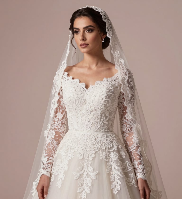 A high-end professional studio portrait of a Middle Eastern bride wearing an elegant white gown with intricate lace details, soft cinematic lighting, Dusty Rose and Light Beige tones in the background, luxurious and timeless atmosphere.