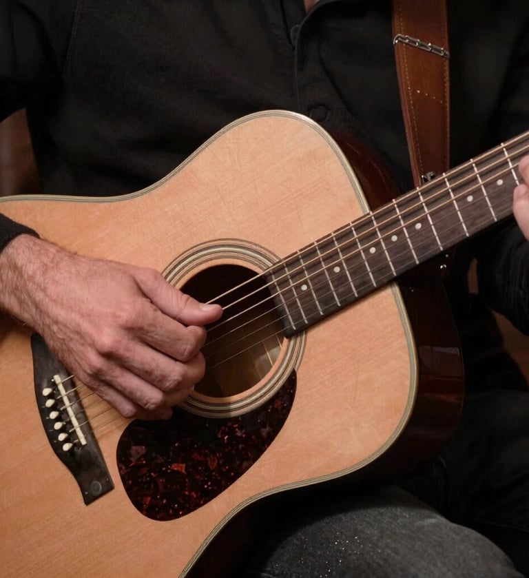 A close-up photograph of a musician's hands gently playing an acoustic guitar in a North American / US music lounge, soft warm lighting, tones of dusty rose brown and deep espresso brown.