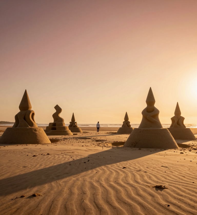 A cinematic, wide-angle photograph of a sun-drenched beach at sunset. A lone sand artist is seen in the distance near a collection of elegant, abstract sand sculptures. The sky is a gradient of terracotta and soft sand yellow. The lighting is warm and golden, casting long charcoal shadows across the rippled beach.