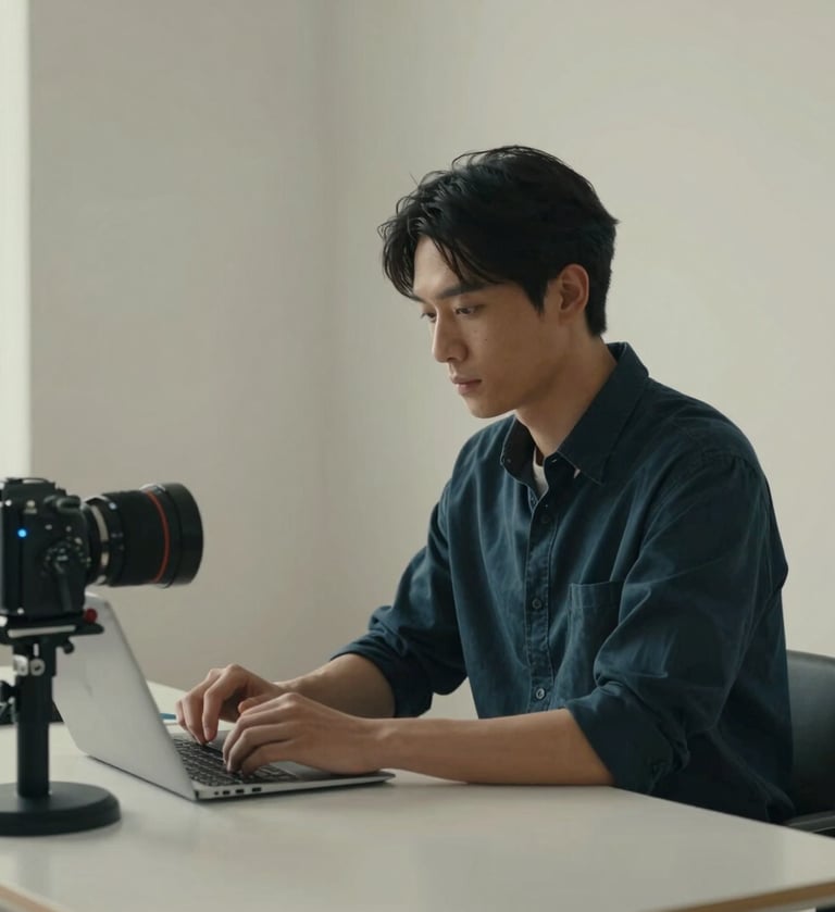 A cinematic medium shot of a professional designer in a minimalist North American studio, soft muted indigo lighting, ivory walls, focused and calm atmosphere with clean lines and sophisticated equipment.