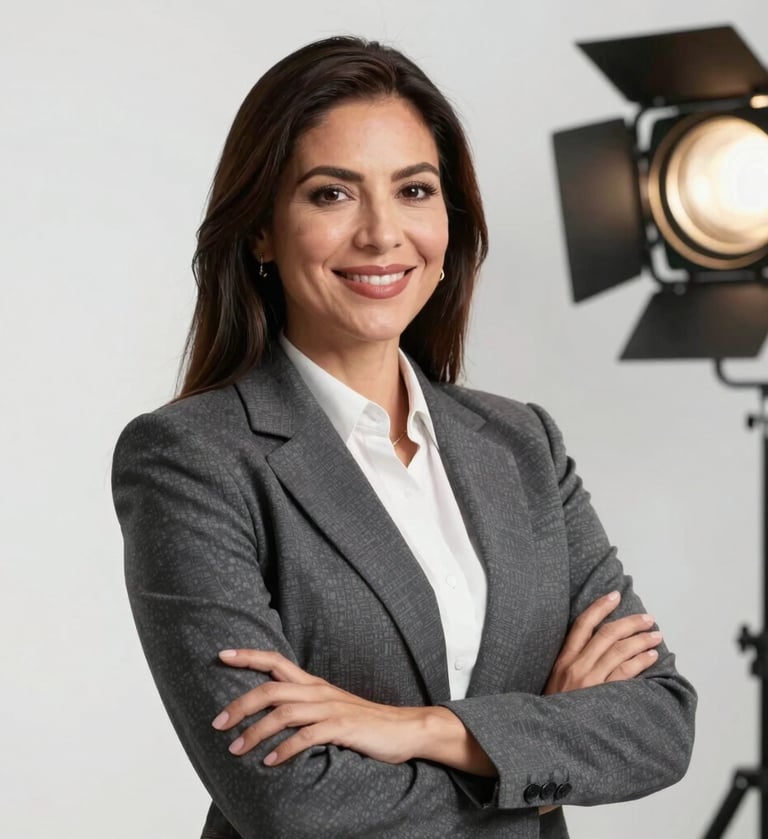 A professional studio portrait of a female computer systems engineer of Mexican descent in her late 30s. She is smiling confidently, wearing structured business attire. Crisp, high-end photography with a clean white backdrop, bright and sophisticated studio lighting.