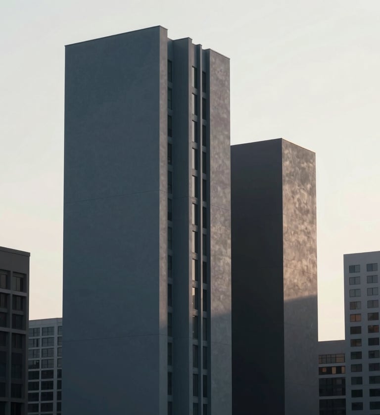 A high-resolution 3D digital render of a sleek, minimalist architectural structure in a North American / US city. The lighting is dramatic, casting soft shadows in muted slate blue-grey and dark charcoal grey against a soft crisp off-white background.