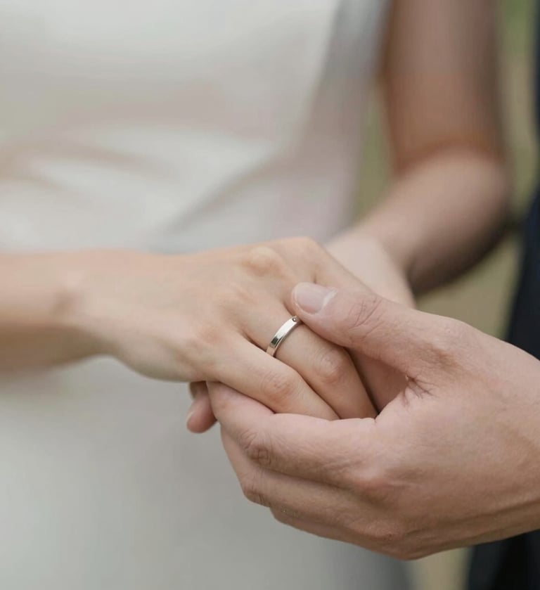A close-up of two hands intertwined, showing wedding bands, with a soft #B8ADAD blurred background, warm and trustworthy atmosphere, timeless photography style.