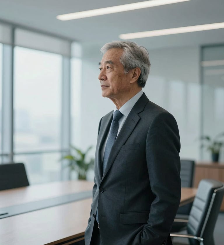 A portrait of a senior professional in a dark suit standing in a modern, light-filled boardroom, looking out a large window. The mood is contemplative and authoritative, with a palette focused on #1A2C38 and #F5F8FA.