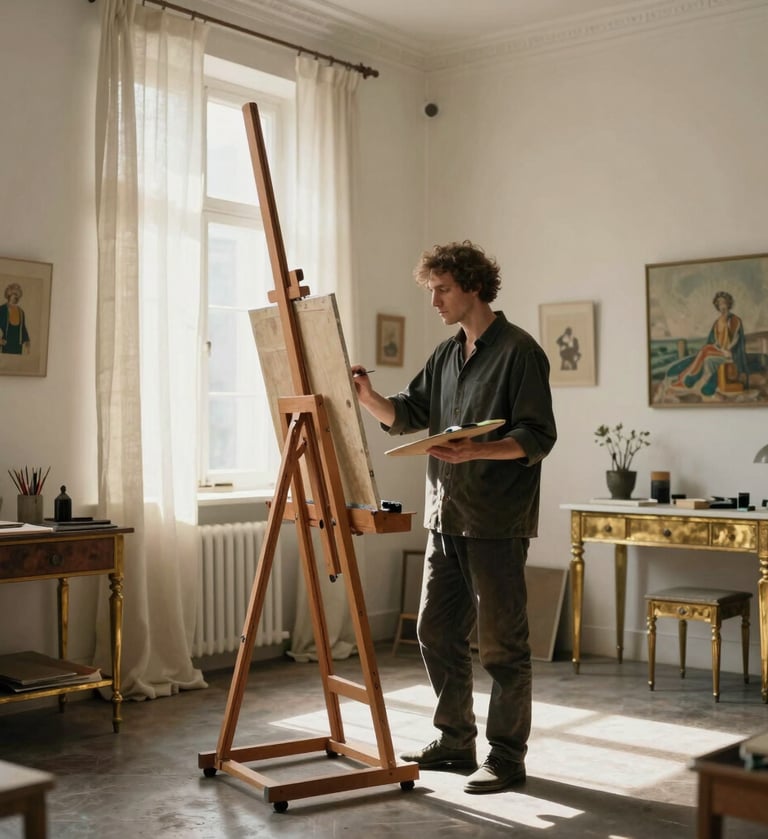 A sophisticated artist at a wooden easel in a sunlit, high-ceilinged studio in a International / Global Art Scene setting. Soft light filters through linen curtains. Palette features Pale Cream walls and Muted Antique Gold accents on furniture.