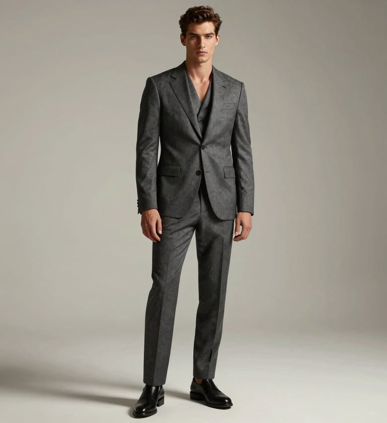 A high-fashion full-body shot of a masculine model wearing a charcoal grey tailored suit. The lighting is cinematic with deep shadows, set against a soft off-white minimalist studio background. The pose is strong and confident, reflecting a premium editorial style.