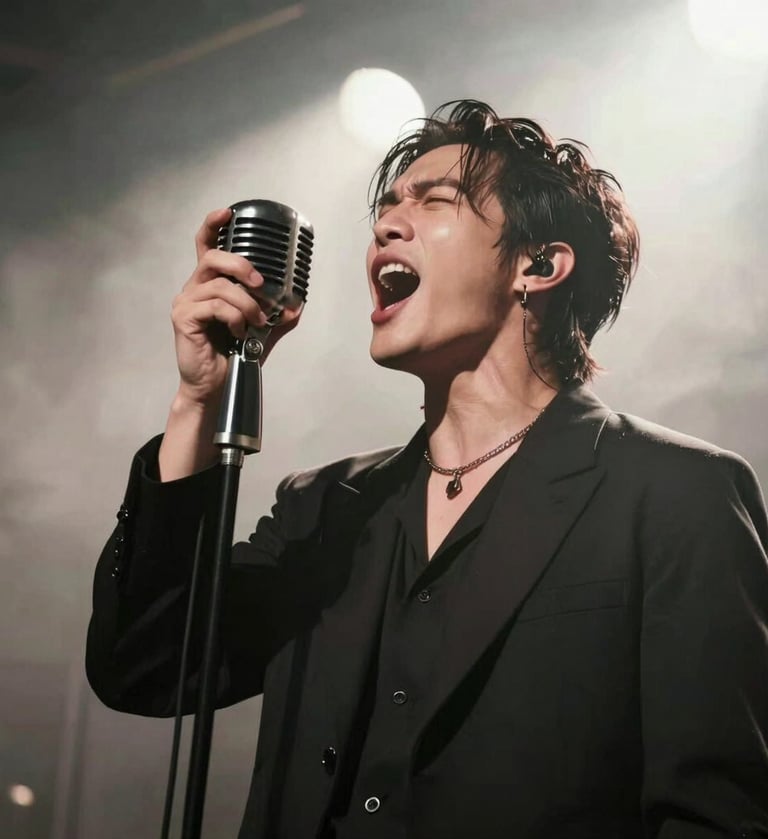 Low angle photography of a lead singer performing with intense energy, screaming into a vintage microphone, harsh stage lighting, smoky atmosphere, black and off-white palette, sophisticated rock-and-roll vibe.