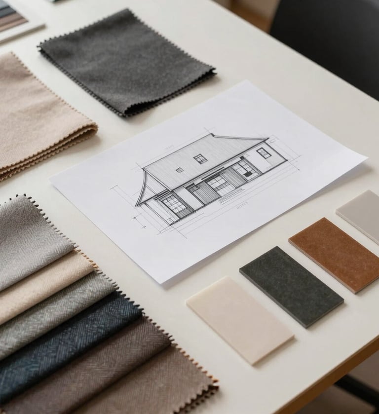 An artistic overhead photography shot of a designer's workspace. Swatches of fine fabrics, architectural sketches, and small material samples are arranged neatly on an off-white surface. Soft, professional studio lighting. French creative studio vibe.